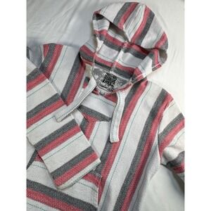 Senor Lopez Womens Baja Hoodie L Pink/Gray Green Striped Mexican Pullover Pocket